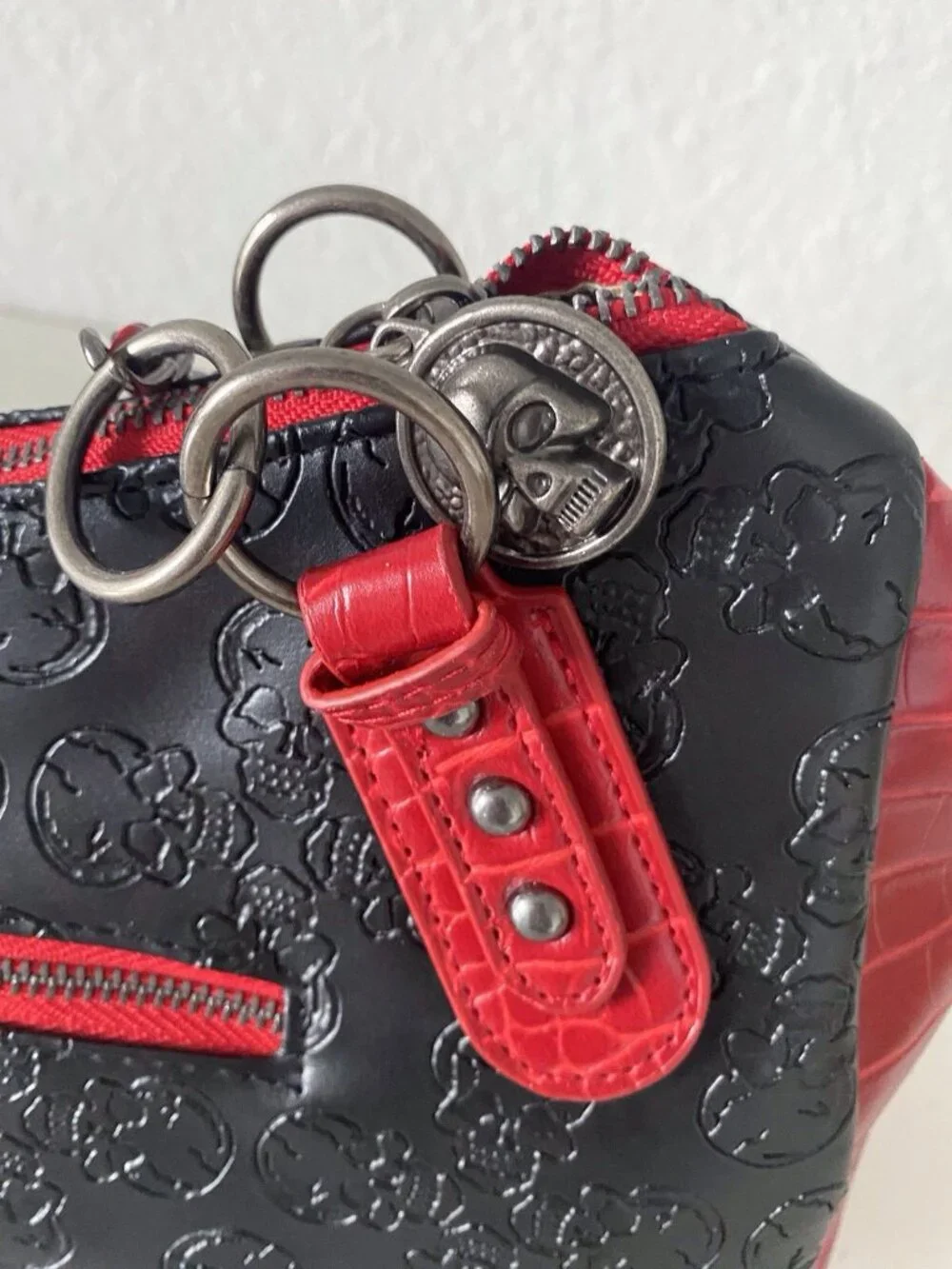 Ed Hardy Black Red Tote Satchel Chain Charm Studded Croc Embossed‎ Skulls NEW